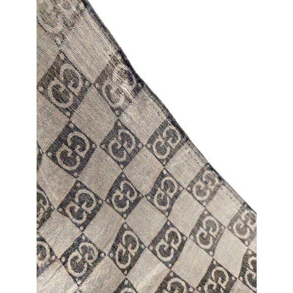 Gucci Black Gray GG Logo Print Red & Green Stripe Cashmere Silk Scarf Pre-owned - Picture 13 of 16